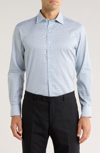 David Donahue Geometric Print Cotton Sport Shirt In Blue