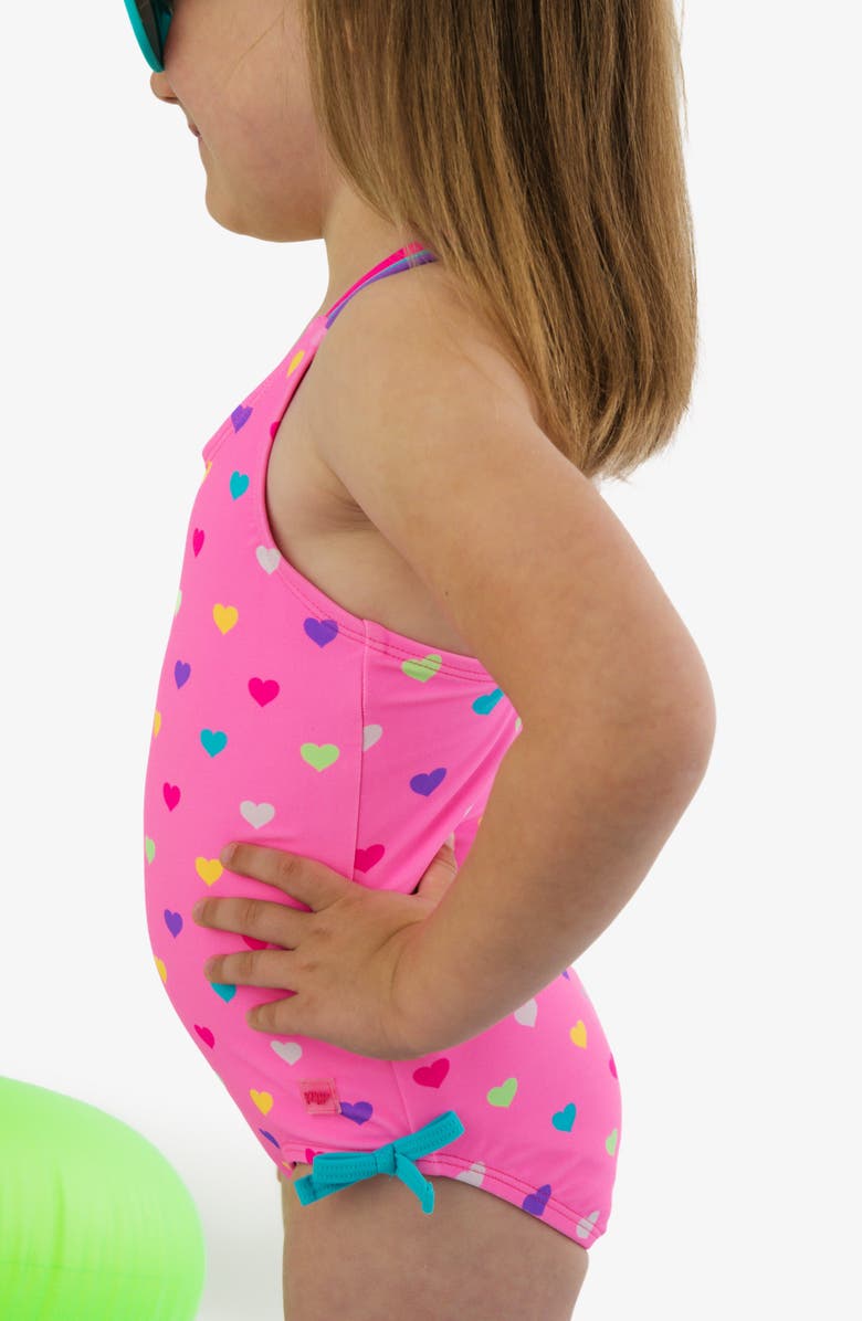 RuffleButts Kids' Colorful Heart Strappy UPF 50+ One-Piece Swimsuit, Alternate, color, Pink