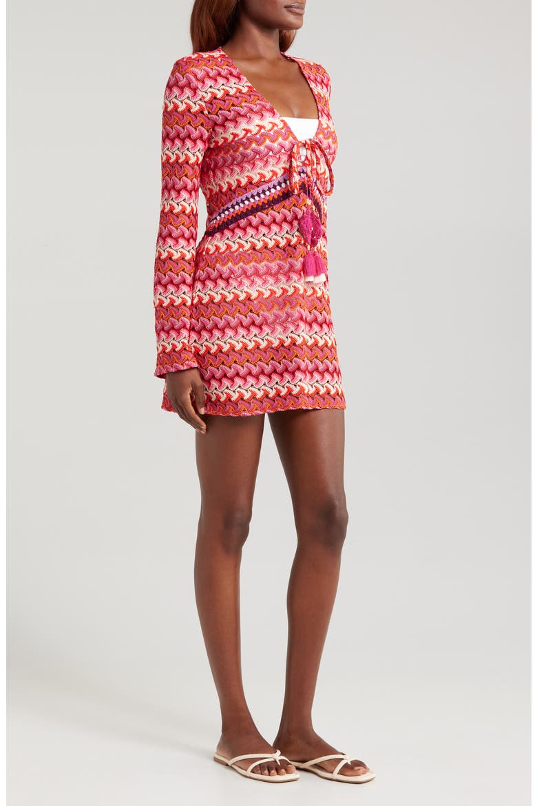 Carra Crochet Long Sleeve Cover-Up Minidress, Alternate, color, PINK CHEVRON
