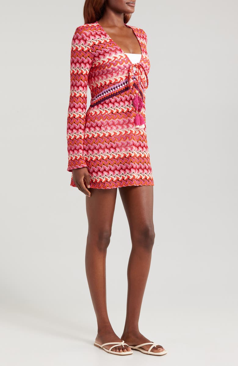Ramy Brook Carra Crochet Long Sleeve Cover-Up Minidress, Alternate, color, 