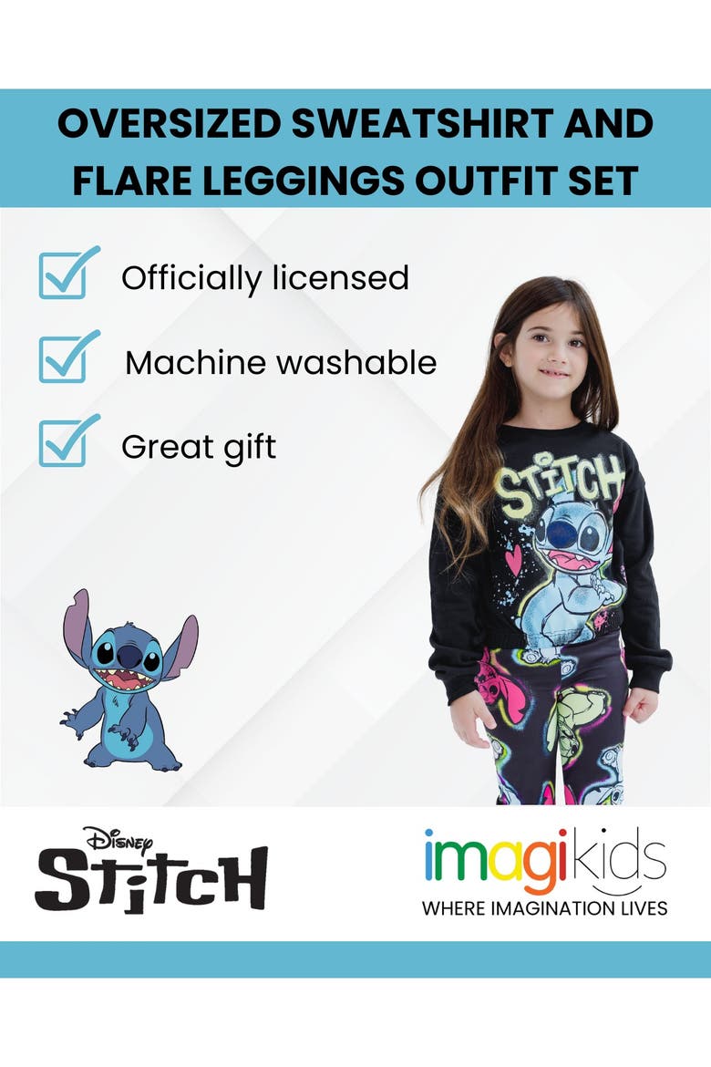 Lilo & Stitch Fleece Cropped Sweatshirt and Flare Leggings Set, Alternate, color, Black Neon Stitch