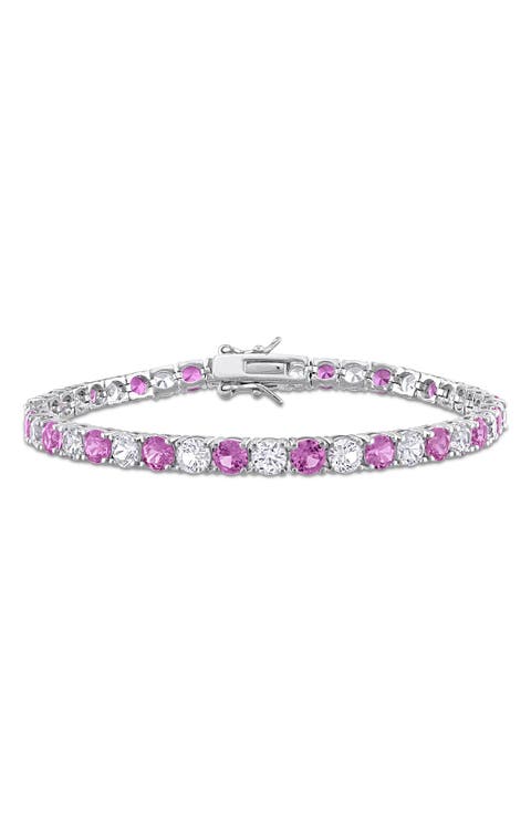 Sterling Silver Lab Grown White & Pink Sapphire Tennis Bracelet