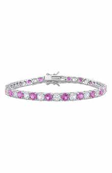 DELMAR Sterling Silver Lab Grown White & Pink Sapphire Tennis Bracelet
