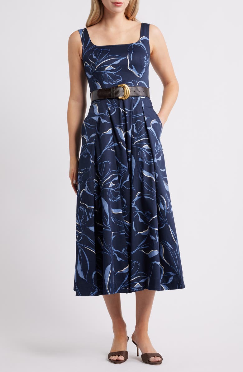 Donna Karan New York Belted Midi Dress, Main, color, Nightfall Multi