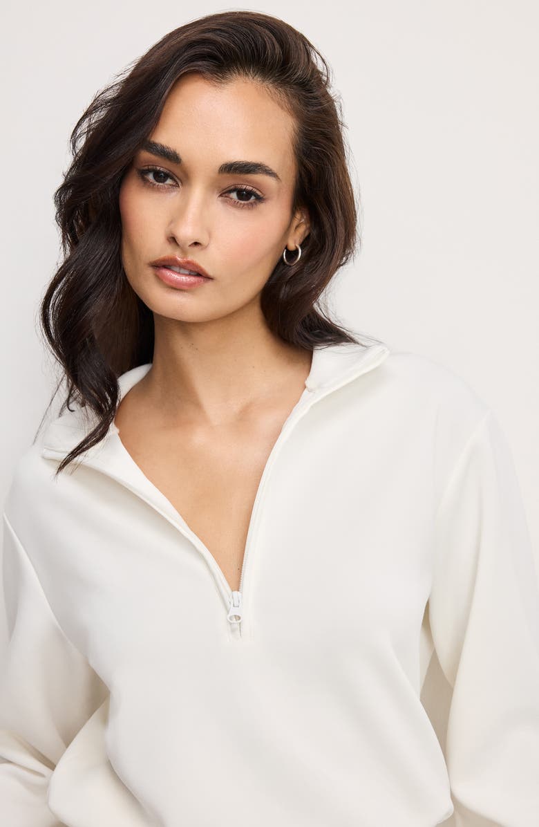 Good American Air Soft Cotton Blend Half Zip Sweatshirt, Alternate, color, Cloud White001