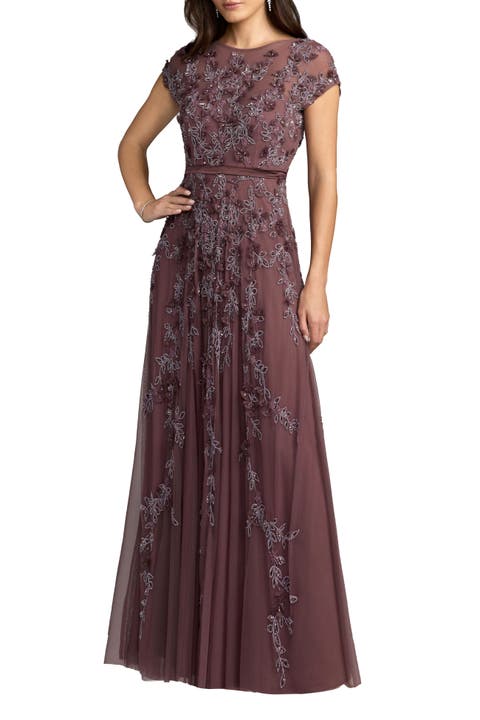 Floral Embellished Mesh Short Sleeve Gown
