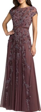 Mac Duggal Floral Embellished Mesh Short Sleeve Gown