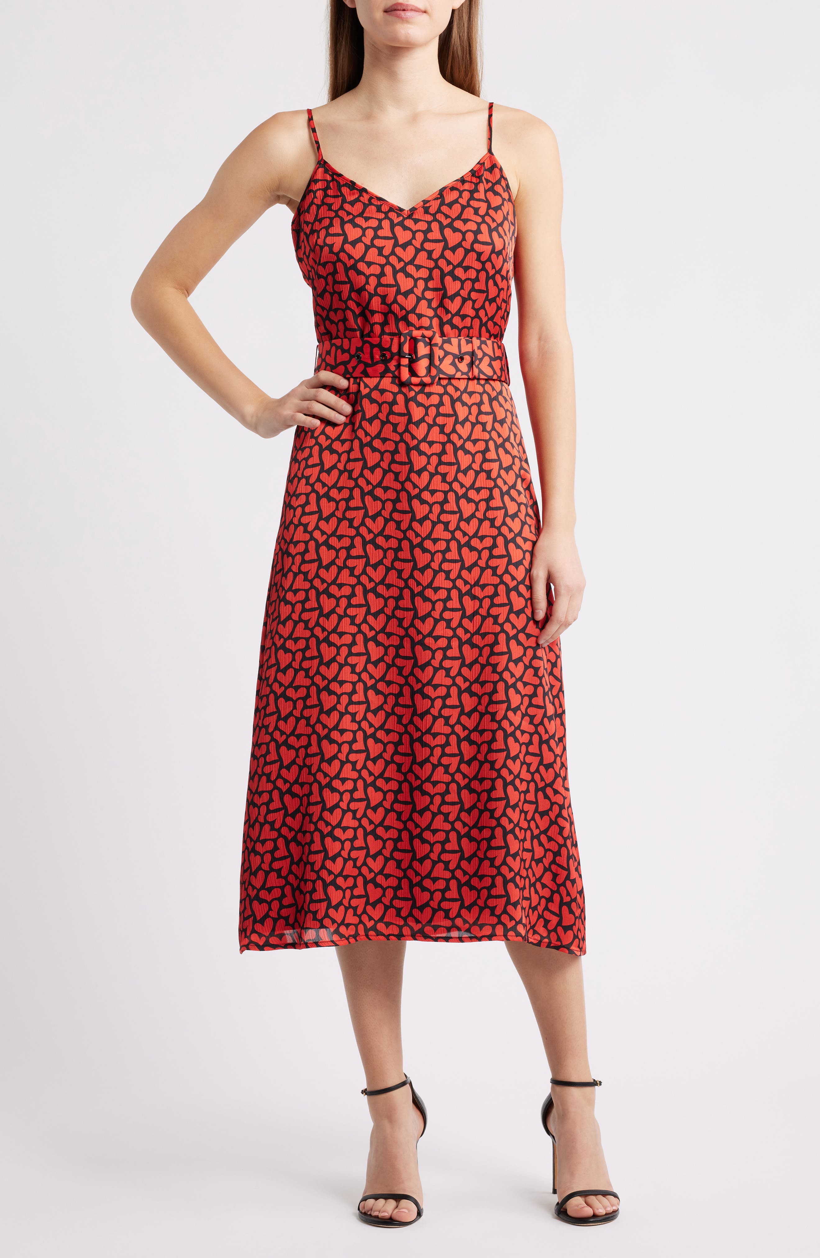Red Heart Belted Midi Dress