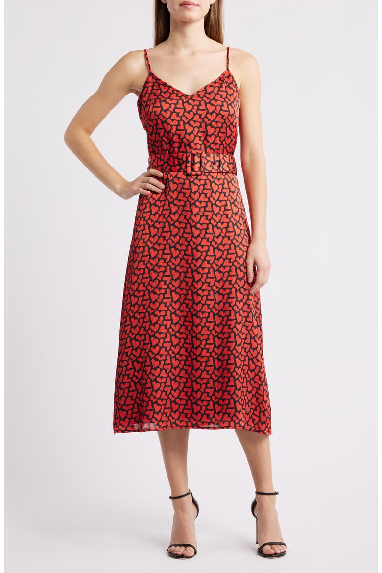 Red Heart Belted Midi Dress, Main, color, RED/ BLACK