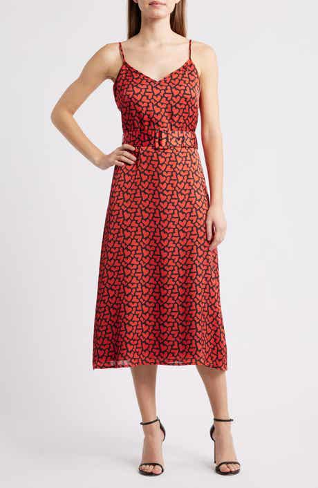 Red Heart Belted Midi Dress