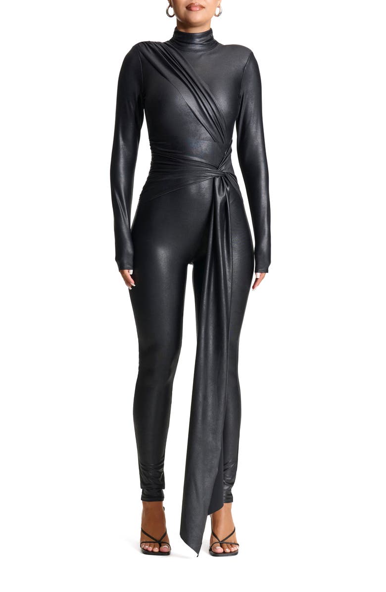 Naked Wardrobe Drip Draped Faux Leather Jumpsuit, Main, color, Black