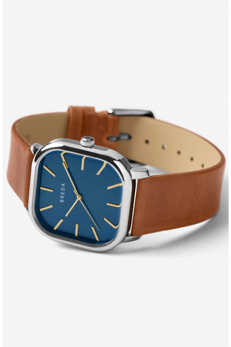 Visser Square Leather Strap Watch, 35mm, Alternate, color, BROWN/ BLUE/ SILVER