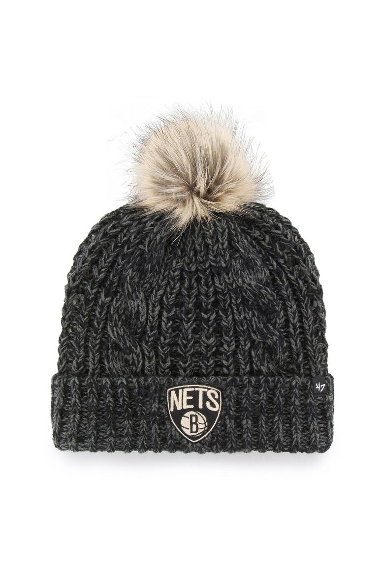 Women's '47 Black Brooklyn Nets Meeko Cuffed Knit Hat with Pom, Main, color, Black