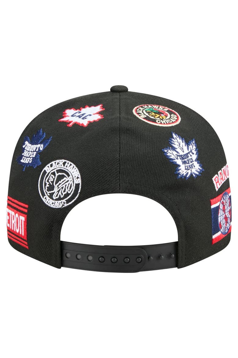 Men's New Era  Black Original 6 Allover Logos 9FIFTY Snapback Hat, Alternate, color, Black