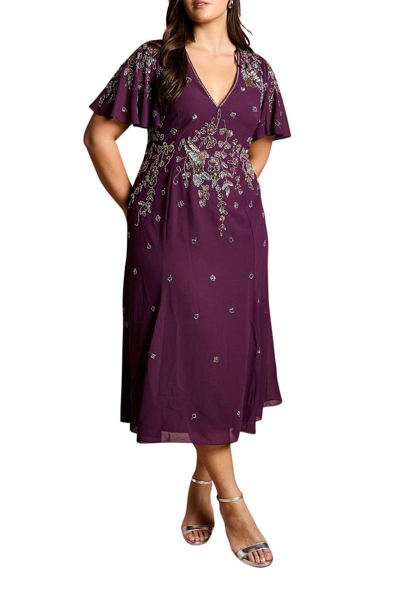Plus Floral Embellished Midi Dress, Alternate, color, Wine