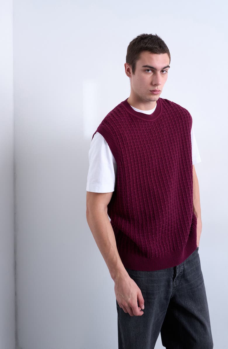 Topman Cable Stitch Sweater Vest, Alternate, color, Burgundy