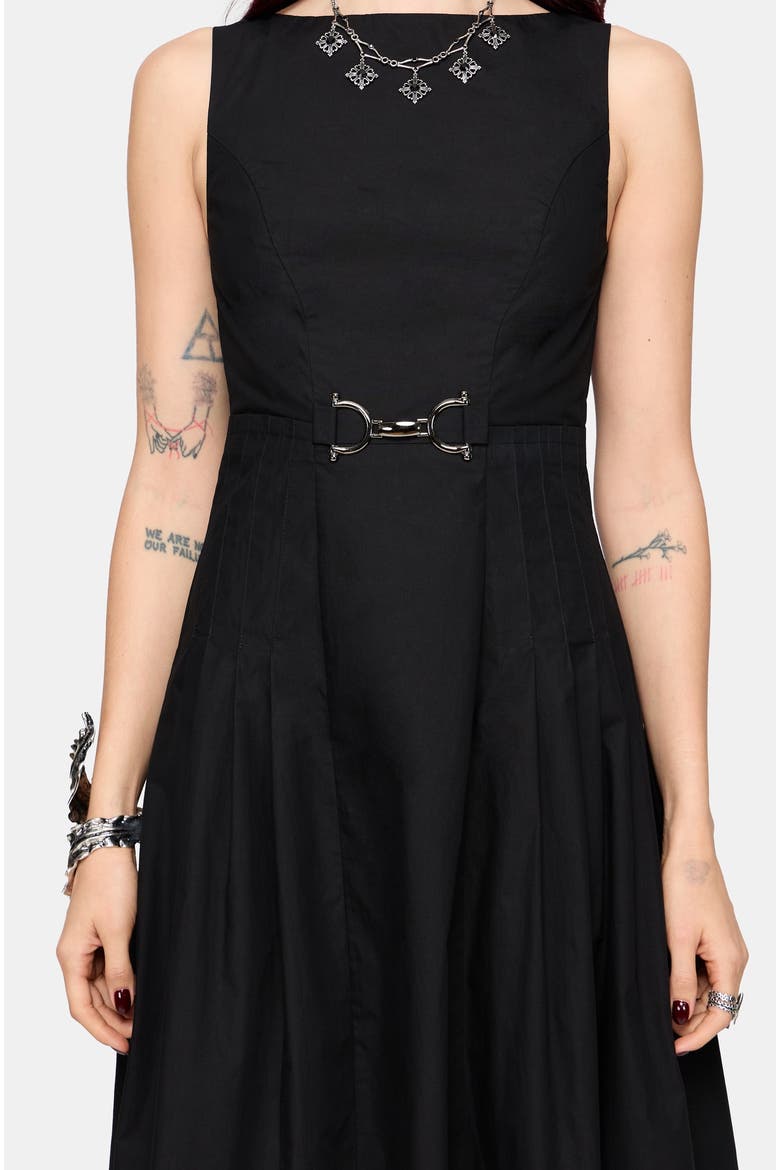 Cissa Buckle Front Pleated Midi Dress, Alternate, color, Black