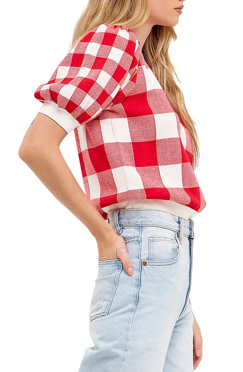 English Factory Gingham Puff Sleeve Sweater, Alternate, color, Red