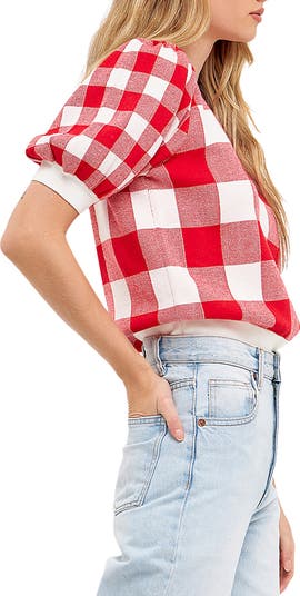 Gingham Puff Sleeve Sweater