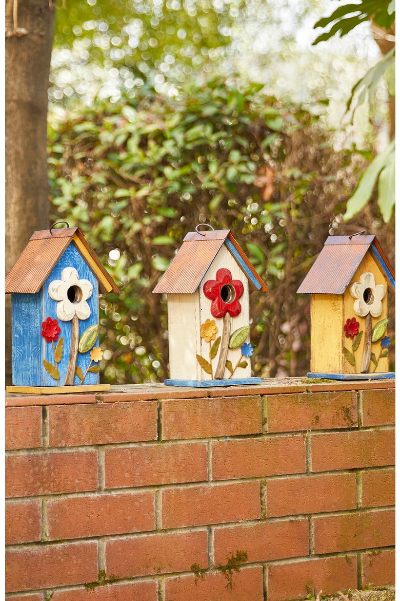 10"H Multicolor Cute Distressed Solid Wood Birdhouse with 3D Flowers, Alternate, color, Yellow
