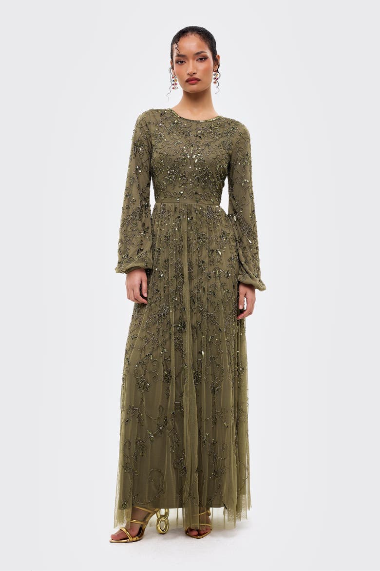 Modest Ebellished Sequins A Line Maxi Dress, Main, color, KHAKI