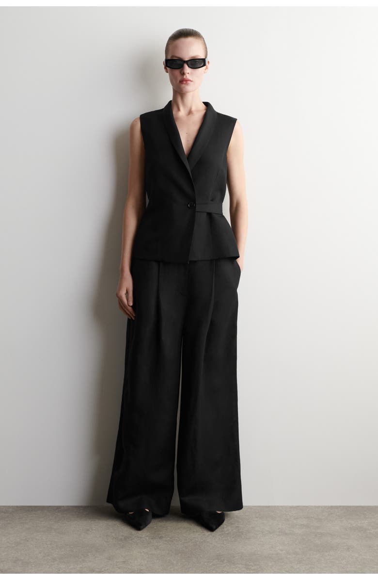 COS Shawl-collar Belted Linen-blend Waistcoat, Alternate, color, Black