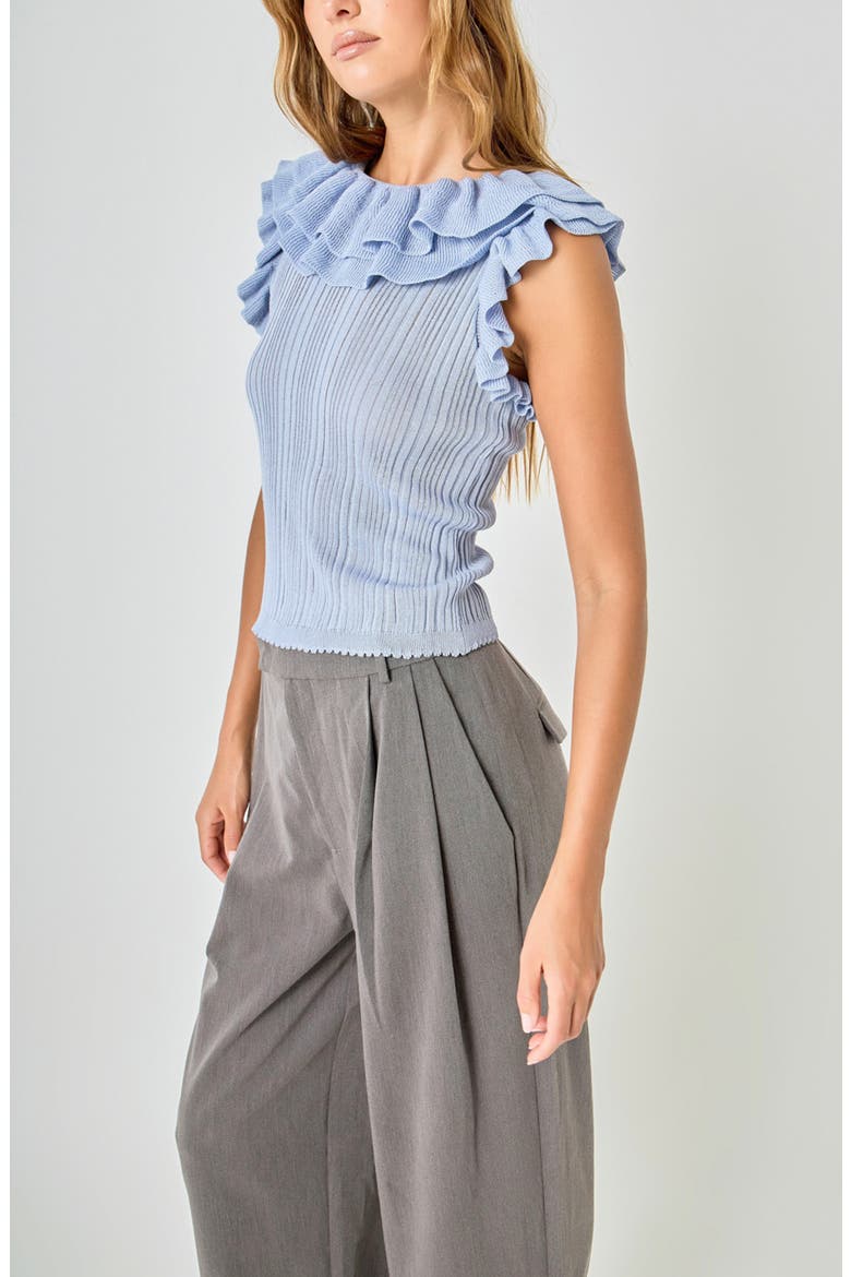 Ruffle Trim Pleated Knit Top, Alternate, color, DUSTY BLUE