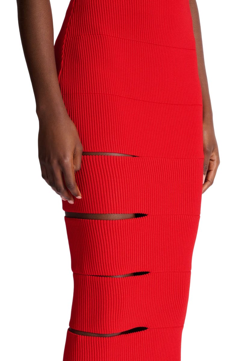 Balmain Long knit skirt with cut-outs, Alternate, color, Red