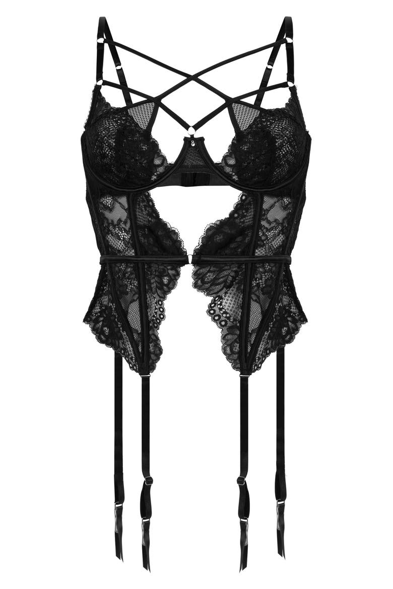 Anna Strappy Underwire Lace Basque, Alternate, color, CAVIAR