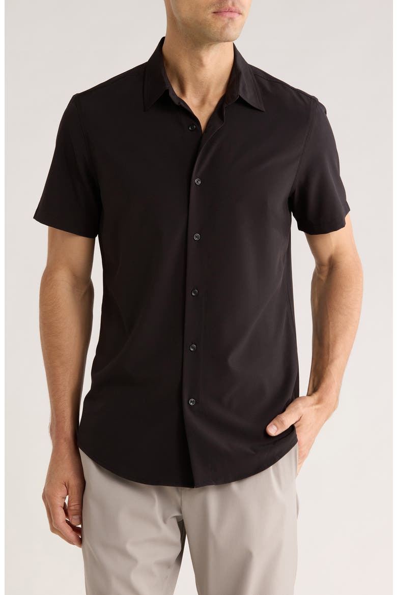 Short Sleeve Performance Woven Button-Up Shirt, Main, color, BLACK