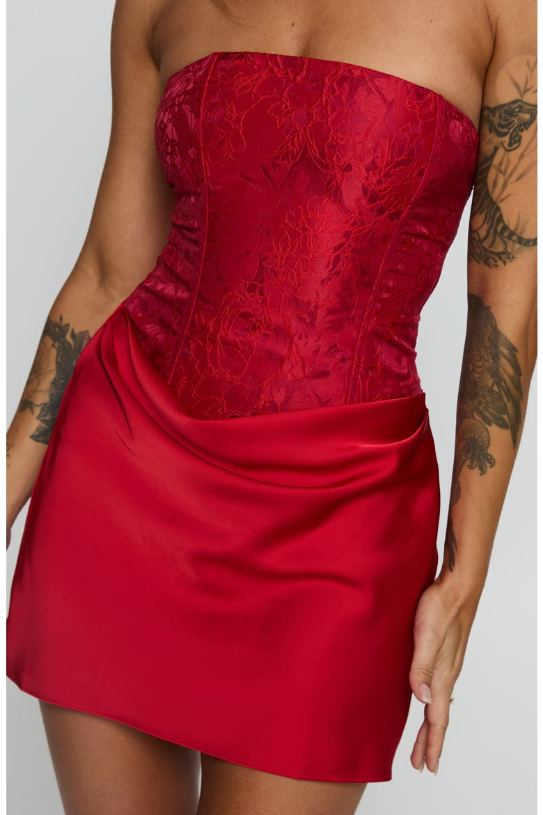 Jenevieve Strapless Drape Satin Minidress, Alternate, color, RED