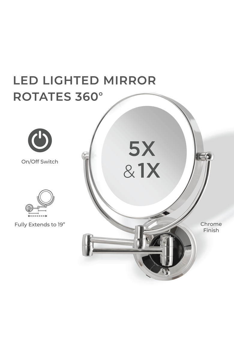 Zadro Lighted Wall Mounted Makeup Mirror with 5X/1X Magnification & Extendable Arm, Alternate, color, Chrome