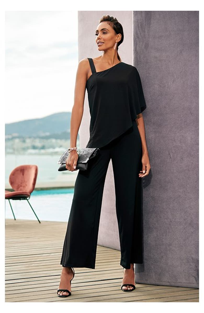 LASCANA Women's Asymmetrical One Shoulder Jumpsuit, Alternate, color, Black