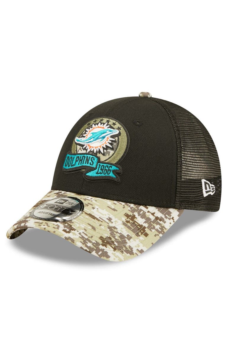 Men's New Era Black/Camo Miami Dolphins 2022 Salute To Service 9FORTY Snapback Trucker Hat, Alternate, color, Black