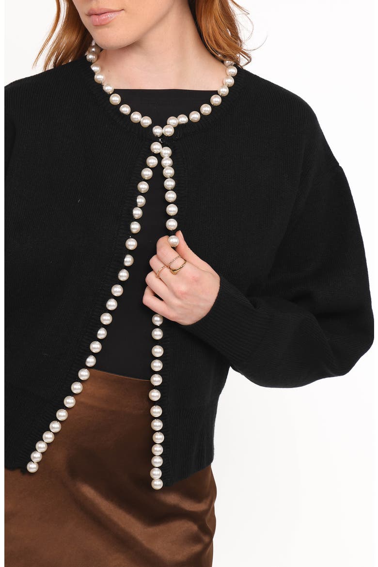 Bloom Faux Pearl Trim Cardigan, Alternate, color, BLACK