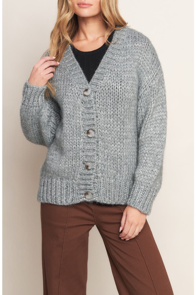 Shimmer V-Neck Cardigan, Alternate, color, GREY/SILVER