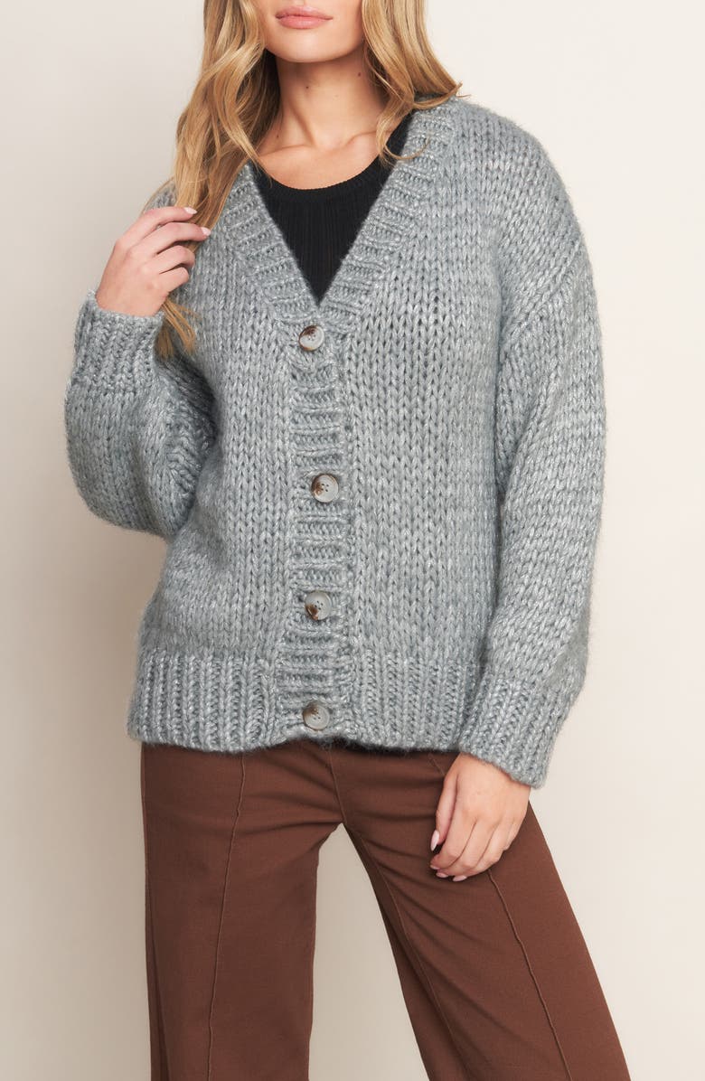 FLYING TOMATO Shimmer V-Neck Cardigan, Alternate, color, Grey/Silver