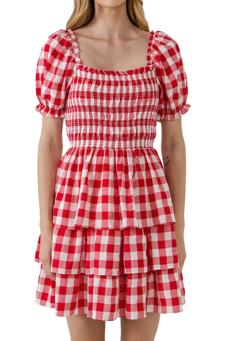 Gingham Smocked Minidress, Alternate, color, RED