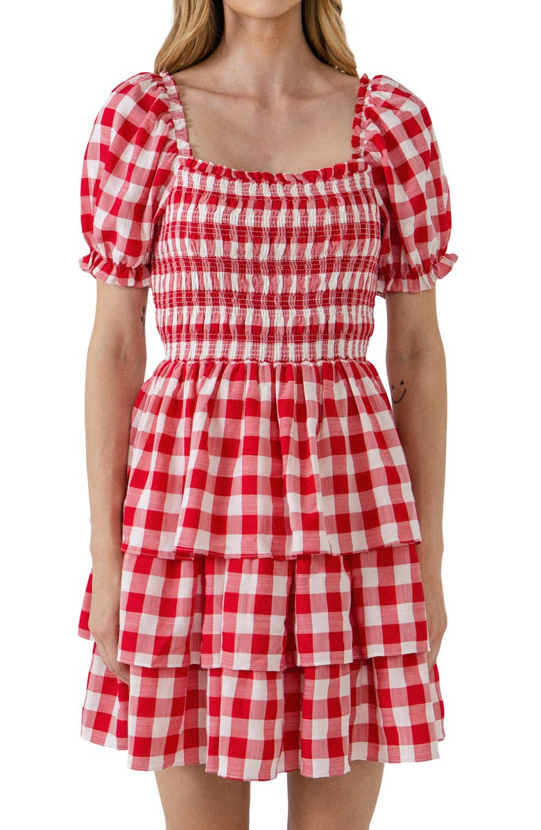 English Factory Gingham Smocked Minidress, Alternate, color, Red