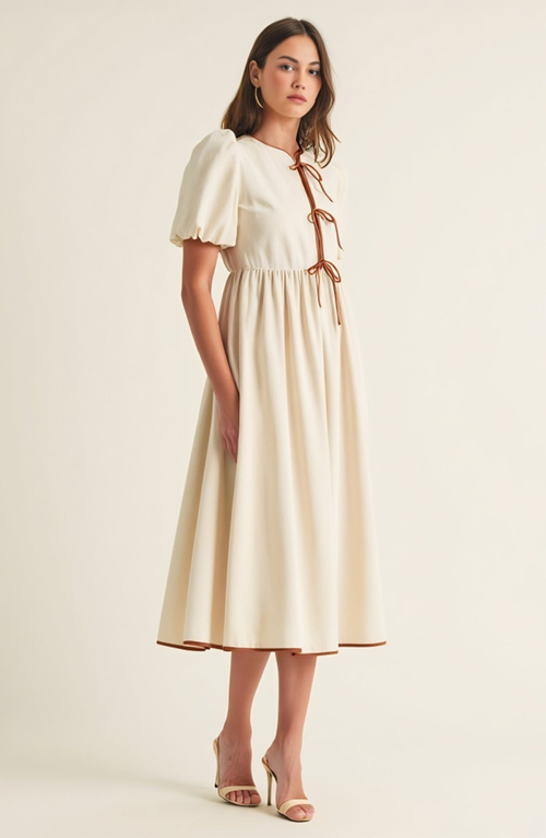 Modenaire Midi Puff Sleeve Dress With Contrast Ties And Hemline Trim In White