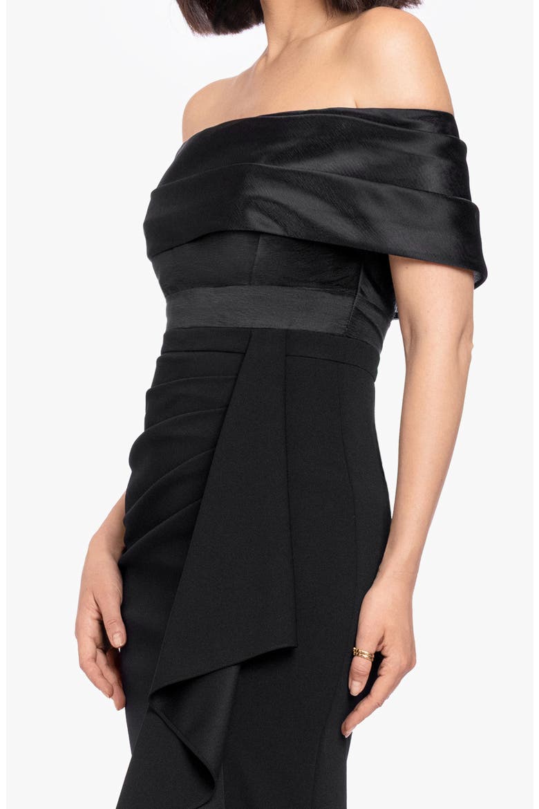 Mixed Media Off the Shoulder Cascade Ruffle Gown, Alternate, color, BLACK/ BLACK