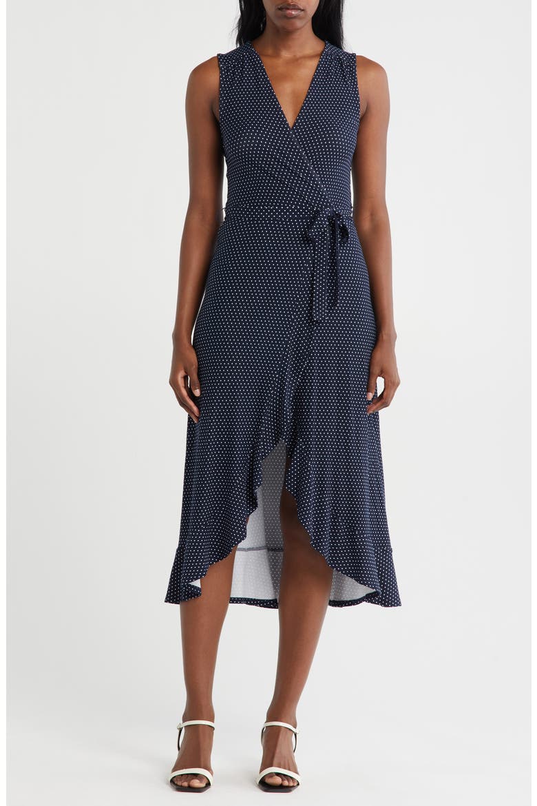Sleeveless Wrap Midi Dress, Main, color, NAVY/ WHITE