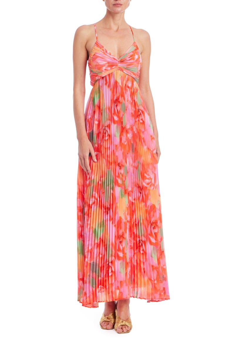 Floral Pleated Open Back Gown, Main, color, CORAL MULTI