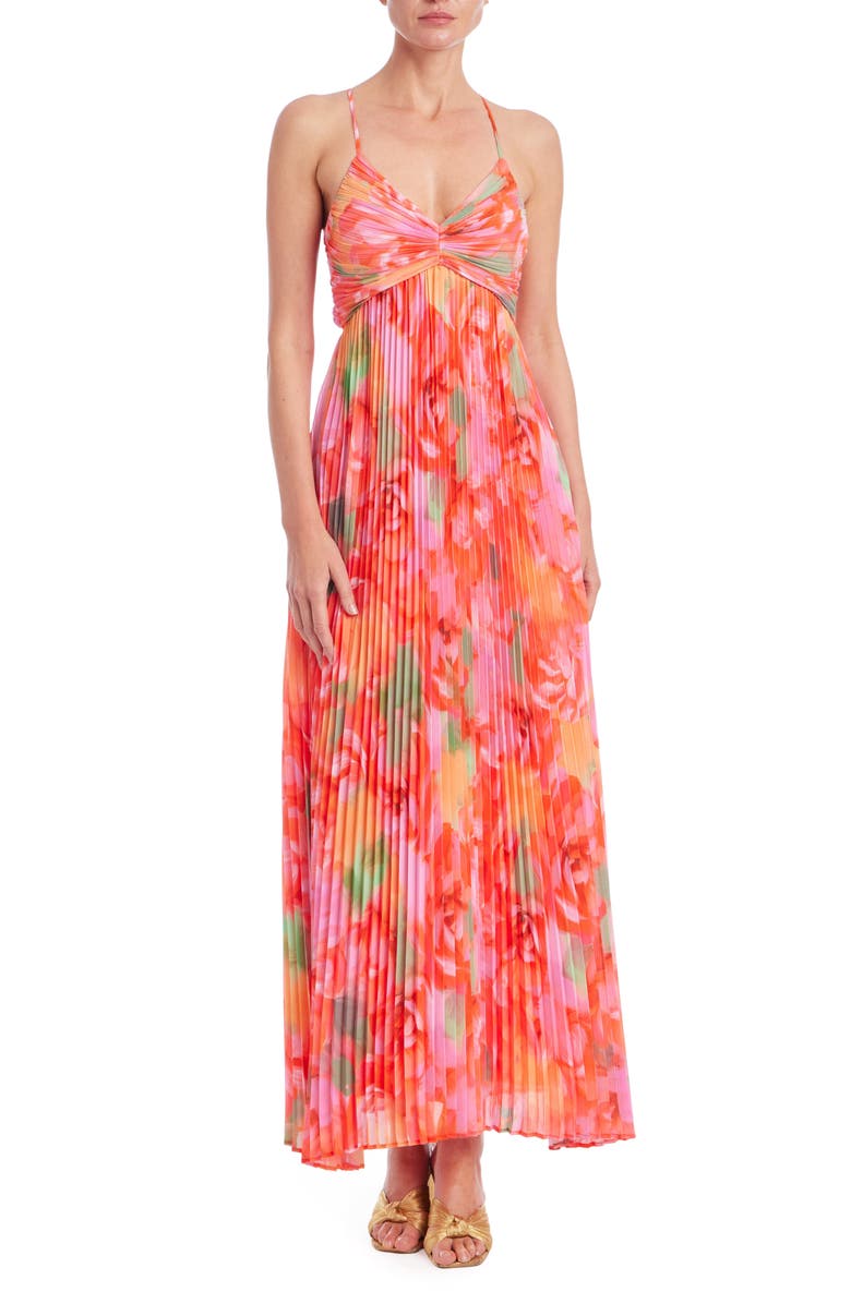 Jewel Badgley Mischka Floral Pleated Open Back Gown, Main, color, Coral Multi