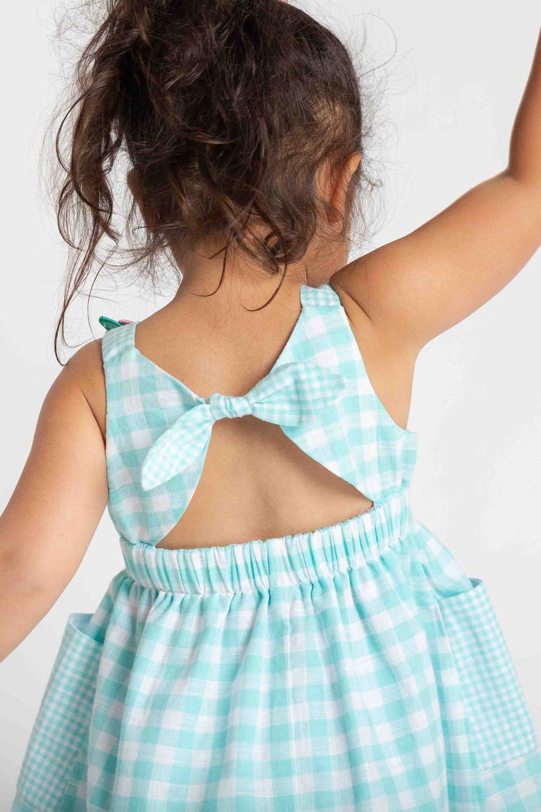 Gingham Linen-Look Dress With Flowers, Alternate, color, Jade/White