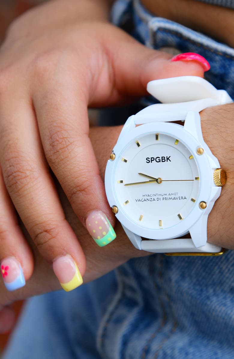 SPGBK Watches Edgewood Silicone Strap Watch, 44mm, Alternate, color, White/Gold