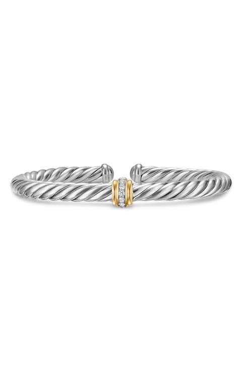 Cable Flex Center Station Bracelet in Sterling Silver with 14K Yellow Gold and Diamonds, 6mm