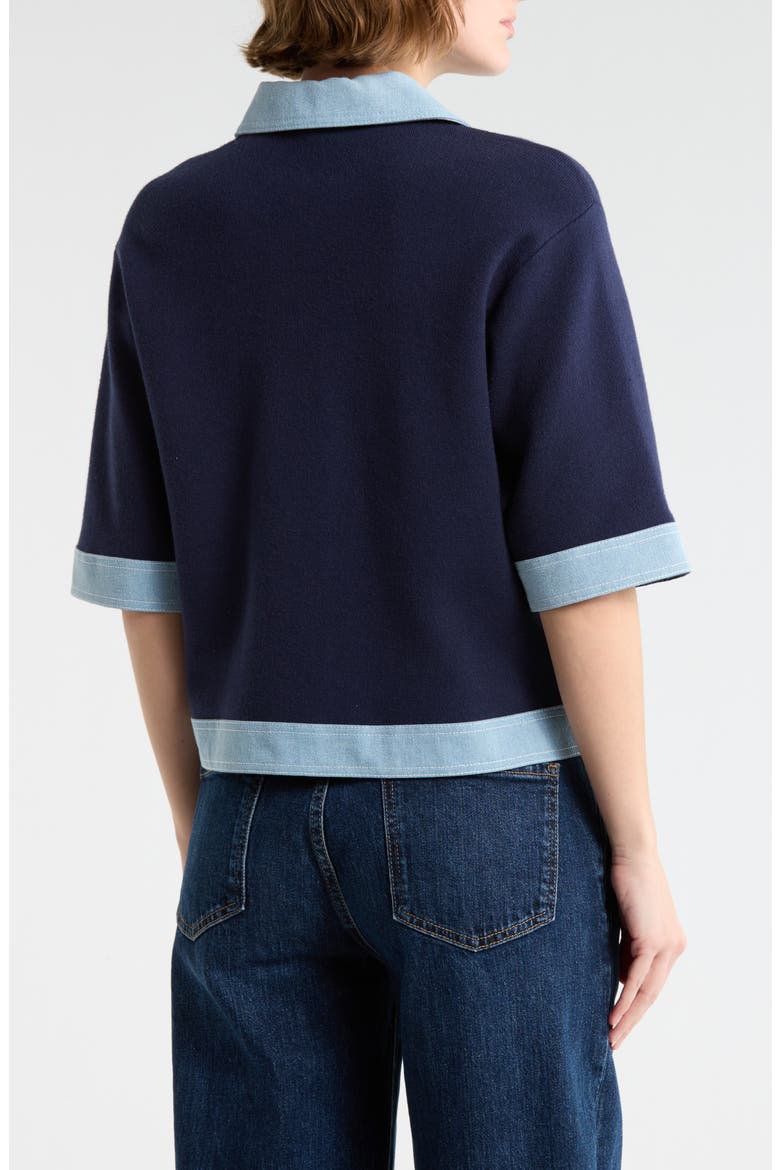 Denim Trim Short Sleeve Cardigan, Alternate, color, NANETTE NAVY/ LIGH DENIM