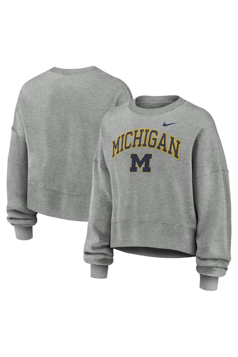 Women's Nike Heather Gray Michigan Wolverines Oversized Phoenix Arch Pullover Sweatshirt, Main, color, Heather Gray