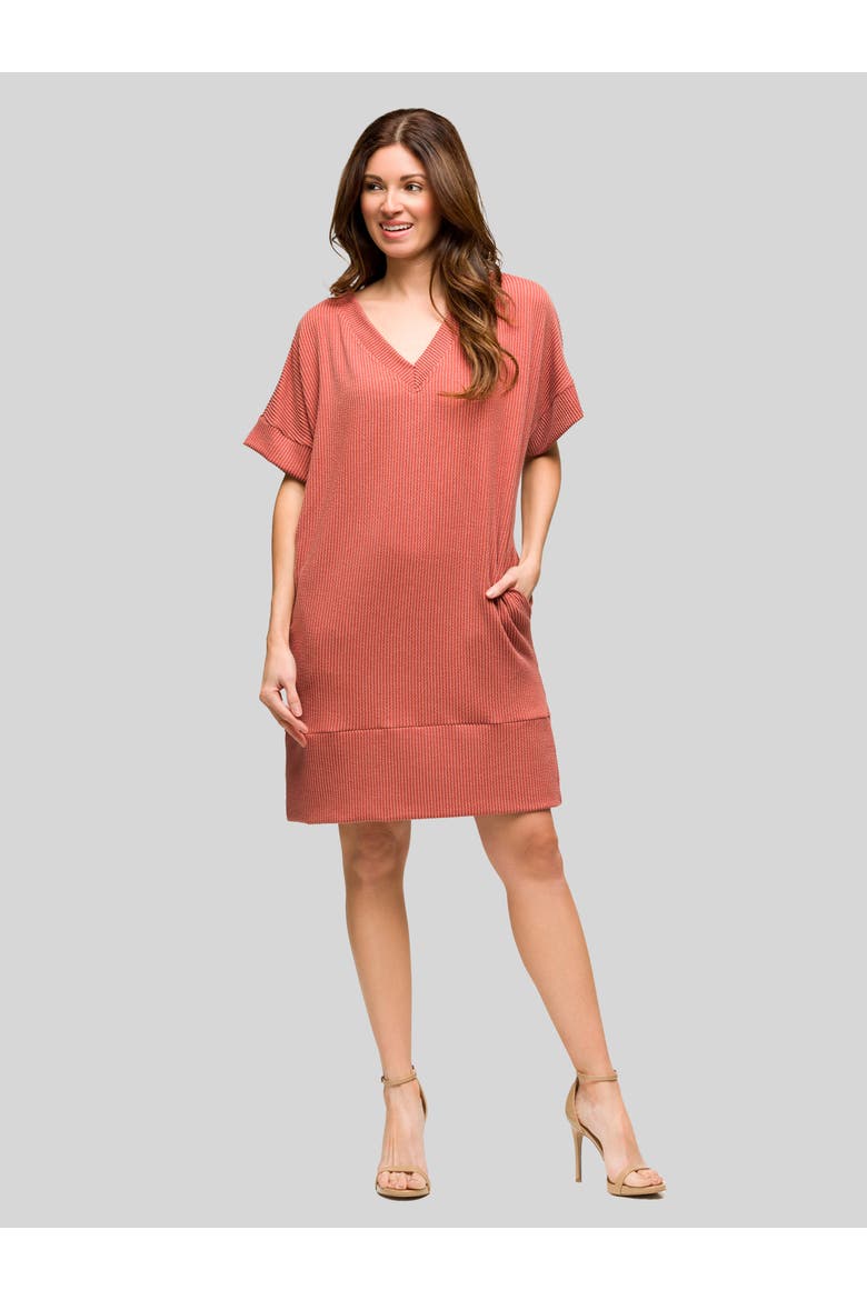 Womens Ribbed Knit V Neck Short Dolman Sleeve, Main, color, Brick